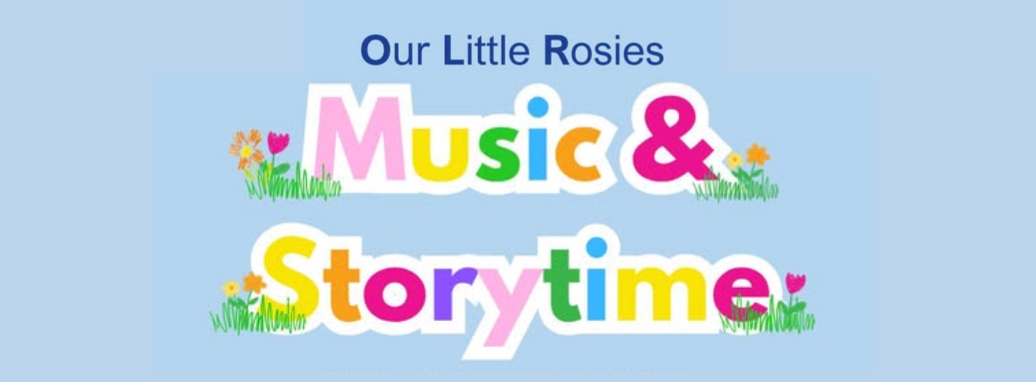 Blue banner with white text that reads Music and Storytime