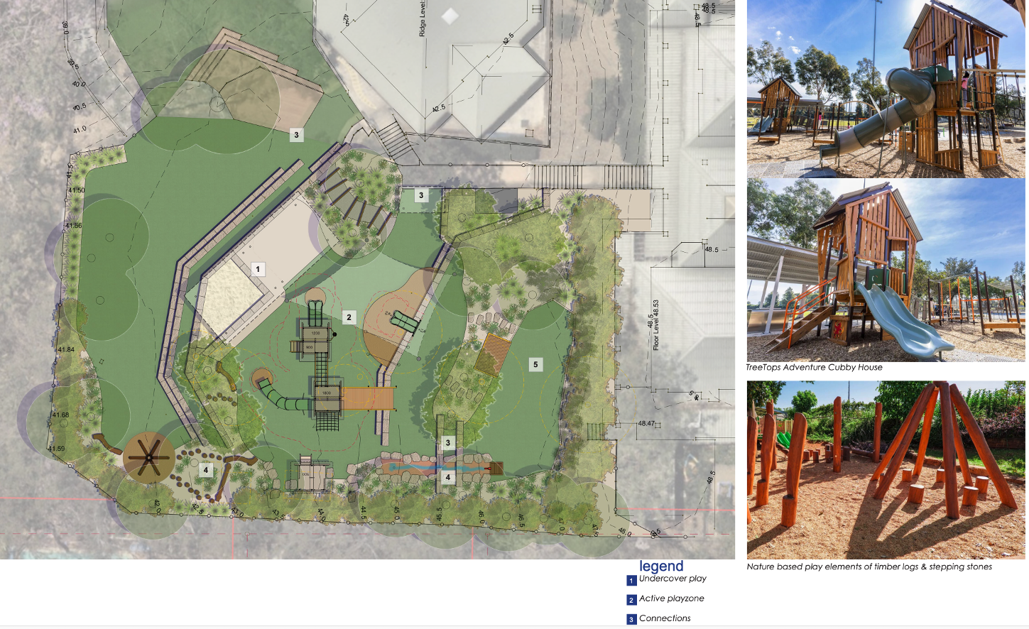 School playground concept plan with active play zones and nature‑based equipment.